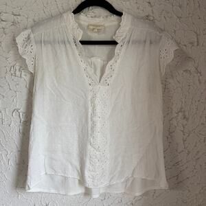 Flower & Feather White Eyelet Blouse Size Large | Boho Cottagecore Top | Lace